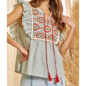 SAVANNA JANE Flutter Sleeve Aztec Embroidered Babydoll Tunic Top Sz Med